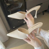 Women High Heels Solid Flock Slippers Mules Pointed Toe Fog Black Slides Women Home Slip On Flip Flops Heels 6CM/9CM Half