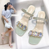 Rhinestone Sandals for Women Summer 2024 Square Heels Open Toe Slippers Woman Transparent PVC Jelly Sandal