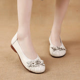 New Flat Bottom Low Heel Head Layer Cowhide Women's Shoes Ethnic Wind Flowers Leather Women's Single Shoes Middle-Aged And Elderly Mother