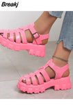 Womens Summer Sandals Hollow Flat Thick Bottom Roman Womens Sandals Buckle Womens Shoes Non-slip Outdoor Beach Shoes 2023