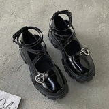 Lolita Shoes Platform Round Head Thick Heel Cross Bandage Women Shoes Kawaii Shoes Cosplay Mary Jane Shoes Heart