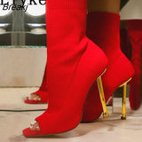 2023 New Sexy Cut-Out Thin High Heels Red Green Knitted Stretch Fabric Ankle Socks Boots Women Party Dance Shoes