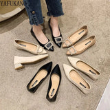 Fashion Pointed Toe Square Low Heel High Heels Elegant Pearl Rhinestone Buckle Soft Leather Party Dress Shoes Female