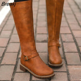high Boots brown Women Vintage leather Square Heel Zipper knee height buckle Boot Keep Warm Round Toe Shoes British