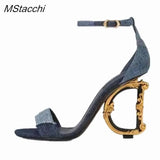 Heels Luxury Sandals For Women Shiny Sequins Denim Gladiator Sandals Genuine Leather Dance Party Wedding Shoes Summer