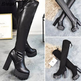Chunky Block High Heels Riding Boots Women Slip On Thick Platform Rock Punk Botas Mujer Over the Knee High Boots