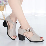 2023 Fashion Sexy Fish Mouth Hollow Roman Thick with Beaded High Heels Female Sandals Sandalias De Las
