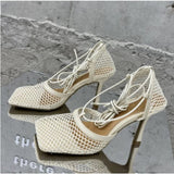 Fashion Sandals, Mesh Breathable Square Head Lace-up Women's Shoes, Women Sexy Seductive Mesh High Heels,