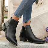 Women Ankle Boots 2024 Retro Style Pointed Toe Leather Boots Solid Short Barrel Chunky Heel Western Boots Botines