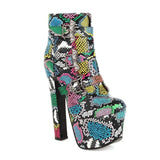 Women Ankle Boots Sexy Clube Four Seasons Snakeskin Print Booties Bat Belts Decorate PU Leather Chunky High Heel Platform