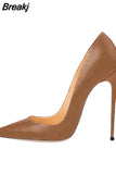 brown pumps PU leather 12cm high heeled shoes women fashion ladies sexy pointed toe plus size 45 YG001