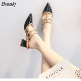 rivet buckle thick heel mules women's shoes 2022 summer and autumn new fashion pointed half bag sandals high