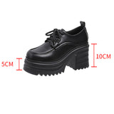 Leather Women Pumps Platform Square Heel Lace Up Oxford Women Party Role Play Uniform Dress Shoes Fashion High Heels