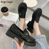 loafers Women Solid Black PU Leather Loafers Zapatos De Mujer Female Casual Slip On Chunky Heels Round Toe Platform