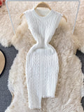 Design Twist Knitted Bodycon Dress Women Solid O-neck Sleeveless Tassels Irregluar Slim Stretch Bandage Mini Sweater