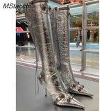New Metal Rivet Women High Knee Boots Pointed Toe Thin Heels Designer Shoes Party Tassels Zipper-Sid Long Botas De