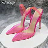 Transparent Fuchsia Pink Women PVC Pointy Toe High Heel Shoes Summer Designer Ladies Slingback Stiletto Pumps