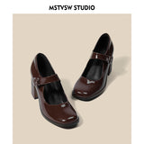 New Mary Jane Shoes Female Retro English Style Hepburn Black High Heel One-Word Buckle Thick Heeled Square Head Single Shoe