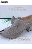 Mesh Shoes Women's 2023 Summer Fashion Rhinestone Square Heel Pointed Toe Size 43 Zipper Bow Sandals Women