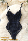 Fashion Women Black Lace Bodysuit Sexy Spaghetti Strap Sleeveless Hollow Out Slim Fit Body Top 2023 Summer Female