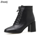 Women Ankle PU Leather 35-39 Feet Length Round Toe Chelsea Middle High Heels Boots Autumn Winter Rubber Shoes Female 2023