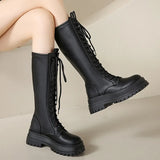 Chunky Platform Motorcycle Boots Women Thick Bottom PU Leather Knee High Boots Woman Autumn Winter Black Long Botas