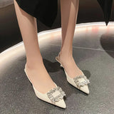 Crystal Buckle Women's Sandal 2023 Summer Women Shoes Flat Heel Pointed Toe Slingback Shoes Slip on Mules Dress