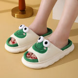 Cute Frog Home Slippers for Women Thick Sole Non Slip House Shoes Woman Cotton Linen Couple Indoor Slippers Funny