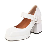 Size 34~48 Men Platform Shoes Spring 2023 Glossy Patent Leather Square Toe Sweet Buckle Chunky Heels Women Mary Janes