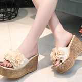 Women's Slippers Women's Fashion 2023 Summer Flowers Wear Thick-soled Slippers One Word Wedge Sandals Wedge Sandals