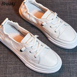 Women White Flats Pu Soft Leather Sneakers Canvas Loafers Comfort Lace Up Casual Spring Woman Vulcanized Shoes Summer