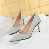 Breakj Retro Stone Grain High Heels Women's Shoes Heel High Heel Shallow Pointed Metal Beads Rivet Women's Singles