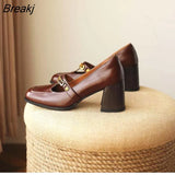 2023 Spring Autumn Retro French Small High Heels Single Shoes Thick Heel Women Chain Shallow Mount Grace Square Toe