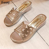 new women's slippers comfortable breathable wedge with thick bottom versatile mesh rhinestone slippers