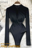 Women Black Long Sleeve Bodysuits New Spring Autumn Stand Collar Hollow Out Front Slim Fit Body Tops Fashion