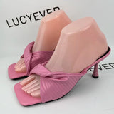 Brand Design Big Square Toe Slippers Women 2023 Summer Thin High Heels Sandals Woman New Soft Pu Leather Outdoor