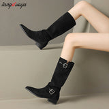 High Quality Pleated Boots Women Black Nude Faux Suede Flock Knee High Boots Ladies Flat Autumn Winter Dress Shoes size