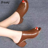 Women's Thick-heeled Soft Leather Outer Slippers Fish Mouth Comfortable Brown Versatile Mid-heeled Sandals Leisure Mother