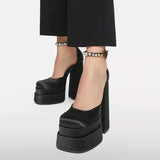 Breakj High Heel Waterproof Platform Thick Heel Hollow Square Head Silk Satin Hate Sky High Baotou Large Size Runway Sandals High