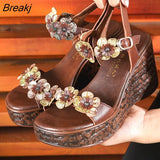Genuine Leather Retro High Heels Sandals Women Shoes Buckle Strap 2023 New Spring Summer Wedges Lady Platform