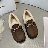 Leather Loafers Shoes Woman Boots Winter Flat Fashion Keep Warm One-step Faux Fur Casual Shoes Women Walking Flats