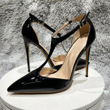 Summer Women T-Strap Pointy Toe High Heel Shoes Solid Glossy Black Sexy Ladies Formal Dress Stiletto Pumps