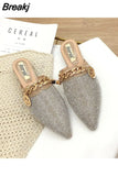 Female 2023 Metal Chain Rhinestone Shiny Bling Flat Sandals Slip-on Evening Party Slides Shoes Silver Pumps 43