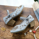 Breakj Heel High Heels Single Shoes Ethnic Style Embroidered Cloth Shoes Retro One Word With Thick Heel Solid Color Women's