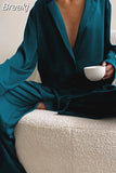 Low Cut Fashion Pajamas Set for Women Loose Casual Long Sleeve Trouser Suits Solid Satin Silk Female Home Fitted Tops