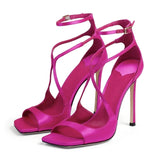 Women's Luxury Sandals Summer Pink Satin Open Toe Stiletto Sandals Concise High Heels Women Pumps Ankle Straps Designer