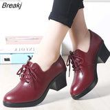 Women Pumps Shoes Genuine Leather Pointed Toe Lace-Up 8cm&5cm Thick High Heel Shallow Solid Casual Female Shoes Plus