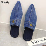 Design Slippers 2023 Spring New Pointed Deep Mouth Thick High-heeled Denim Outer Wear Baotou Slippers Shoes for