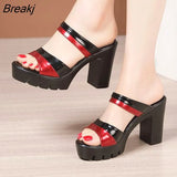 Patent Leather Platform Slides 2023 Summer Shoes Peep Toe Elegant High Heels Slippers Women Party Office