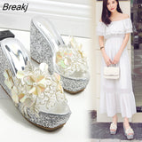 Wedges Slippers High Heels Women's Summer Flower Decoration Sandals Fashion Silver Female Casual Gold Shoes Size